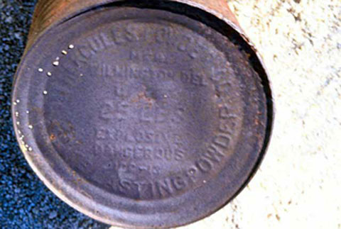 Photo of the rusted top of a can of blasting powder used for tunnel construction for the San Diego-Arizona Railway
